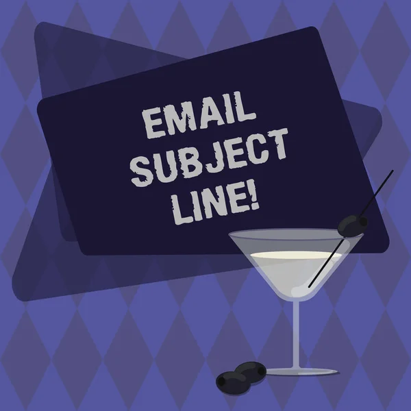 Conceptual hand writing showing Email Subject Line. Business photo text introduction that identifies email or message intent Filled Cocktail Wine Glass with Olive on the Rim Text Space.