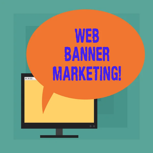 Conceptual hand writing showing Web Banner Marketing. Business photo text entails to embed an advertisement in a web page Mounted Computer Blank Screen with Oval Color Speech Bubble. — Stock Photo, Image