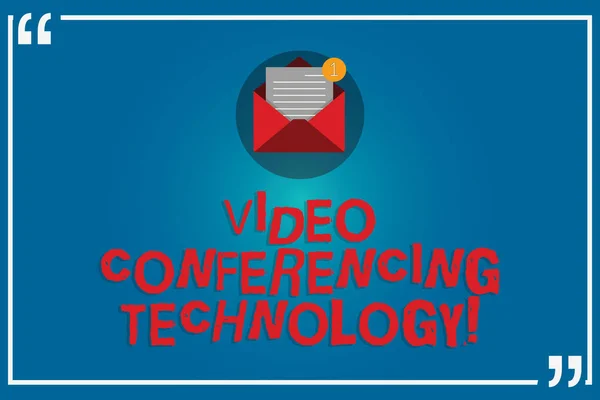 Handwriting text writing Video Conferencing Technology. Concept meaning People globally interacted through video data Open Envelope with Paper New Email Message inside Quotation Mark Outline.