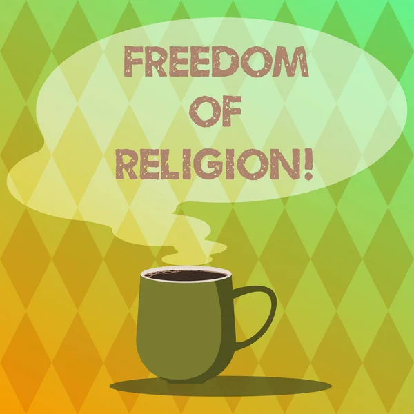 写宗教自由的文字。概念意味着权利, 实行任何宗教, 你选择杯热咖啡与空白颜色语音泡泡作为蒸汽图标. — 图库照片