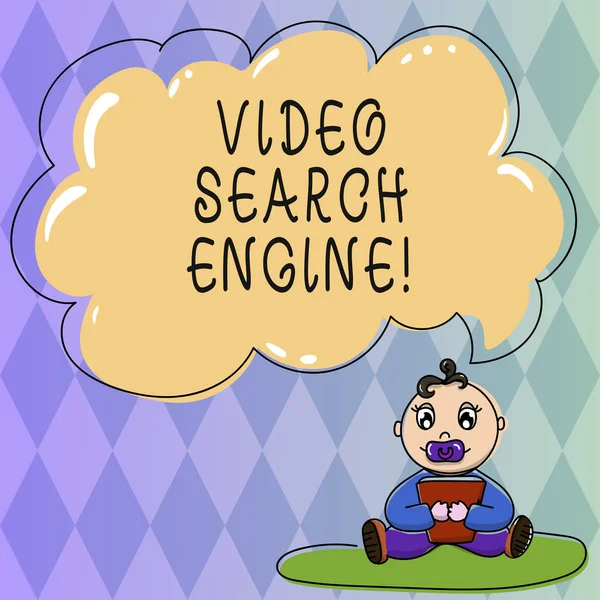 Text sign showing Video Search Engine. Conceptual photo which crawls web deeply for media and audio content Baby Sitting on Rug with Pacifier Book and Blank Color Cloud Speech Bubble.