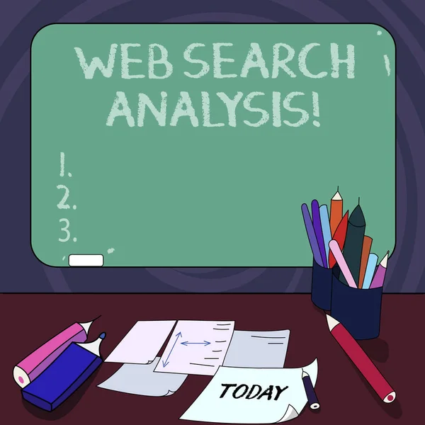 Handschrift Text Web-Suche Analyse. Konzept bedeutet, untersuchen bestimmte Interaktionen zwischen Websites Suchenden montierte leere farbige Tafel mit Kreide und Schreibwerkzeuge Blätter auf dem Schreibtisch. — Stockfoto