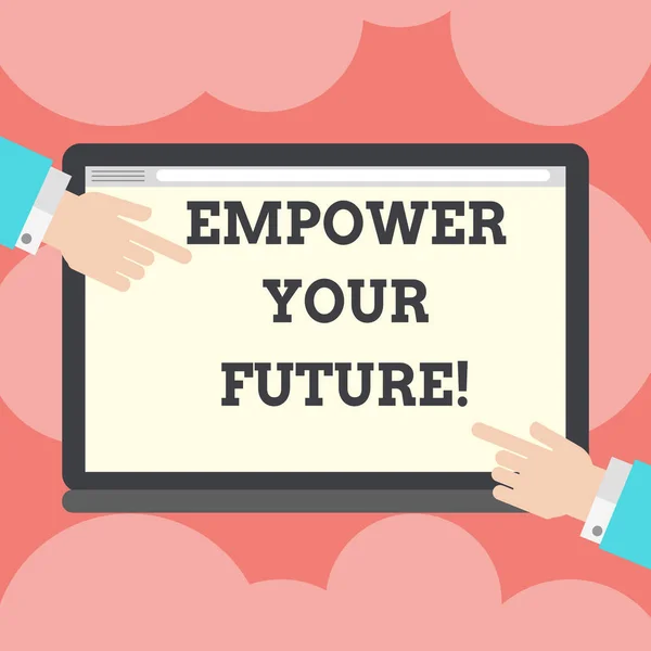 Writing note showing Empower Your Future. Business photo showcasing career development and employability curriculum guide Hu analysis Hands Pointing on a Blank Color Tablet Screen. — Stock Photo, Image