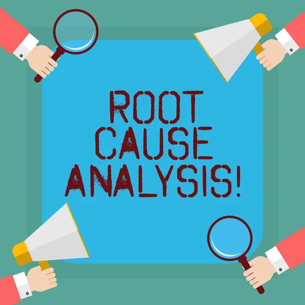 "Conceptual hand writing showing Root Cause Analysis". Photo d'affaires mettant en valeur la méthode de résolution de problèmes utilisée pour identifier les causes Analyse Hu Hands Holding Magnifying Glass et Megaphone . — Photo