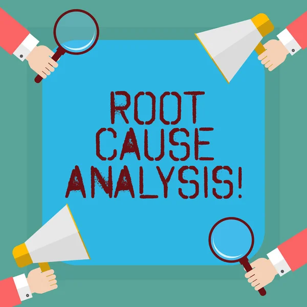 Conceptual hand writing showing Root Cause Analysis. Business photo showcasing method of problem solving used for identifying causes Hu analysis Hands Holding Magnifying Glass and Megaphone.