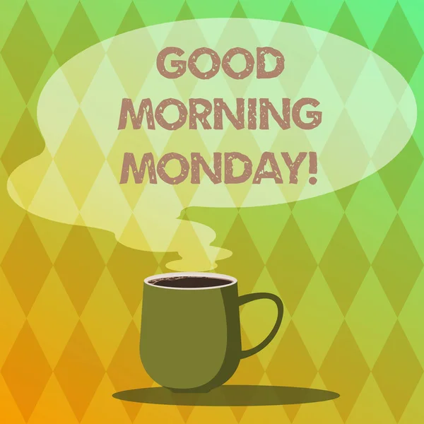 写文字写周一早安。概念的意思是问候某人在开始的一天周开始周末杯热咖啡与空白颜色讲话泡泡作为蒸汽图标. — 图库照片