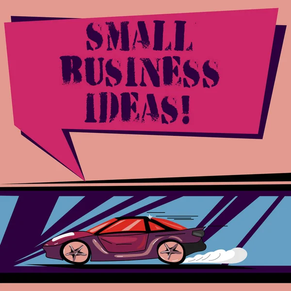 Handwriting text Small Business Ideas. Concept meaning A concept that can be used for financial business gain Car with Fast Movement icon and Exhaust Smoke Blank Color Speech Bubble.