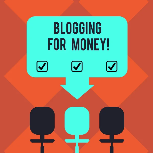 Texto de escritura Blogging For Money. Concepto que significa blogueros colocando anuncios en su sitio para obtener ganancias Espacio en blanco Color Flecha que apunta a una de las tres sillas giratorias foto . —  Fotos de Stock