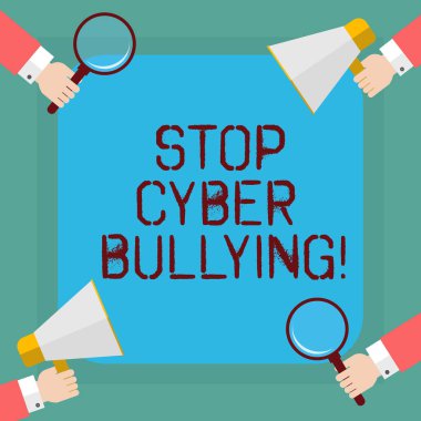 Kavramsal el durdurmak siber zorbalık gösterilen yazma. İş fotoğraf vitrine Hu Analizi ellerini tutarak büyüteç ve megafon gösteren elektronik iletişim zorba kullanımını önlemek.