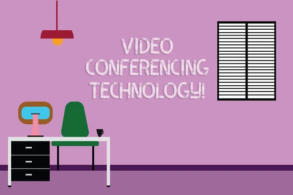 Szöveg jel mutatja a Video Conferencing technológia. Fogalmi fénykép emberek világszerte kölcsönhatásba keresztül videó adatok dolgozik hely minimalista belső számítógép és tanulmányi terület belsejében egy szobában fénykép. — Stock Fotó