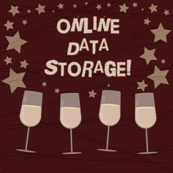Conceptual hand writing showing Online Data Storage. Business photo showcasing store with third party service accessed via Internet Filled Cocktail Wine with Scattered Stars Confetti Stemware.