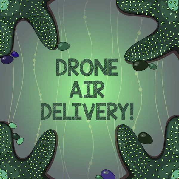 Nota de escritura que muestra Drone Air Delivery. Foto de negocios mostrando un vehículo aéreo sin analizar utilizado para transportar paquetes Estrella de mar en cuatro esquinas con guijarros para posters Anuncios Tarjetas . — Foto de Stock