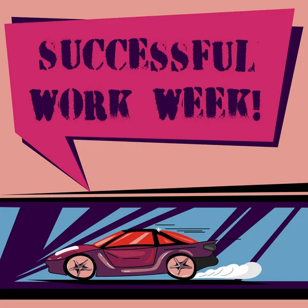 Rukopis textu úspěšné pracovní týden. Pojetí znamená produktivní a uspokojující pracovní dny v týdnu auto rychle hnutí ikonou a výfukové kouřit prázdné barvy bublin. — Stock fotografie