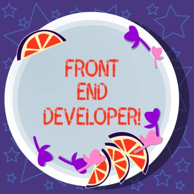 Front End Geliştirici gösterilen Not yazma. Bilgisayar programcısı vitrine iş fotoğraf kodları ve görsel öğeler kesik dilimlenmiş limon kama ve bitki yaprakları renk plaka üzerinde oluşturur.