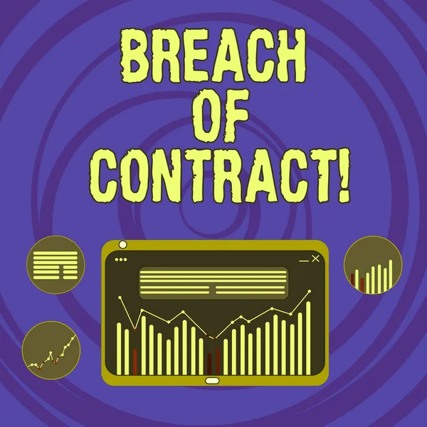 Text sign showing Breach Of Contract. Conceptual photo act of breaking the terms set out in deal or agreement Digital Combination of Column Line Data Graphic Chart on Tablet Screen.