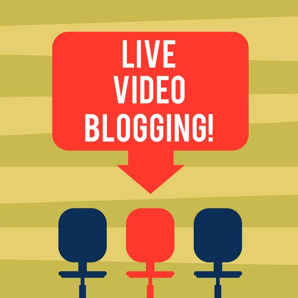 Text sign showing Live Video Blogging. Conceptual photo form of web television on internet made by bloggers Blank Space Color Arrow Pointing to One of the Three Swivel Chairs photo.