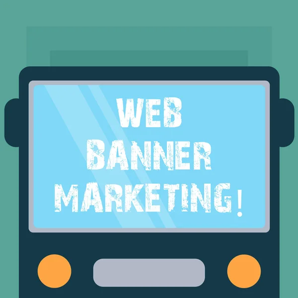 Konceptuální ručně psaného textu zobrazující Web Banner Marketing. Obchodní fotografie představí znamená vložit inzerát do webové stránky tažené ploché přední pohled z autobus s okna štít odráží. — Stock fotografie