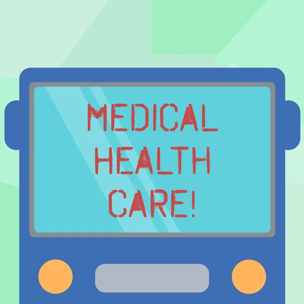 Conceptual hand writing showing Medical Health Care. Business photo showcasing maintenance or improvement via prevention diagnosis Drawn Flat Front View of Bus with Window Shield Reflecting. — Stock Photo, Image