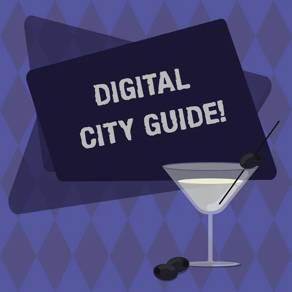 Konceptuella hand skriva visar Digital stadsguide. Företag text fotoapp som ger bistånd information om kulturella fylld vin cocktailglas med olivolja på Rim Text utrymme. — Stockfoto