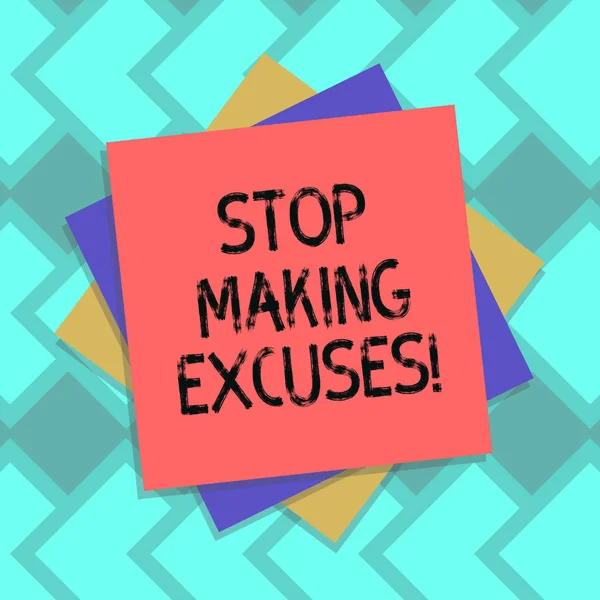 Text sign showing Stop Making Excuses. Conceptual photo do not explanation for something that went wrong Multiple Layer of Blank Sheets Color Paper Cardboard photo with Shadow.