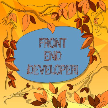 Word metin Front End Geliştirici yazma. İş kavramı bilgisayar programcısı için kodları ve yaprakları çevreleyen renk metin boşluk ile görsel öğeleri ağaç dalları dağınık oluşturur.