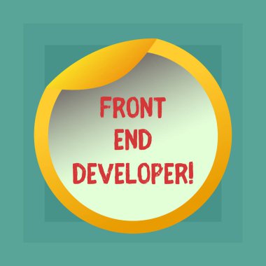 Kavramsal el Front End Geliştirici gösterilen yazma. Bilgisayar programcısı vitrine iş fotoğraf kodları ve görsel öğeler şişe ambalaj kapağı karton konteyner kolay açık kapak oluşturur.