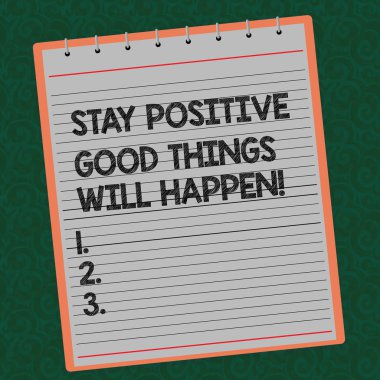Word metin kal olumlu iyi olacak şeyler yazma. İş kavramı için tutmak motivasyon ilham sarmal üst renk Notepad kaplı fotoğraf filigran zemin üzerine basılmış.