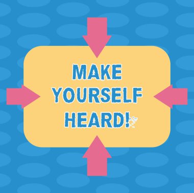 Word metin olun kendinizi duydum yazma. İş kavramı için dört taraf, boş dikdörtgen şekli işaret içe resmi için okları duymak göstermek için yeterince yüksek sesle bir şeyler söyle.