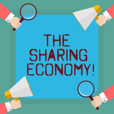 Kavramsal el paylaşımı ekonomi gösterilen yazma. İş fotoğraf vitrine sistemleri varlıkları veya bireyler Hu Analizi ellerini tutarak büyüteç ve megafon arasında paylaşılan hizmetler.