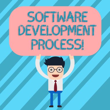 Word metin yazılım geliştirme süreci yazma. İş kavramı onun kafa boş dikdörtgen renkli tahta adam ayakta tutan yukarıda bir yazılım ürün geliştirme süreci için.