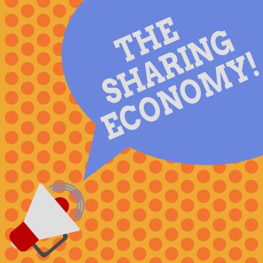 Paylaşımı ekonomi gösterilen Not yazma. İş fotoğraf vitrine sistemleri varlıkları veya bireyler megafon ses ses ayarı simgesi ve boş renk konuşma balonu fotoğraf ile arasında paylaşılan hizmetleri.