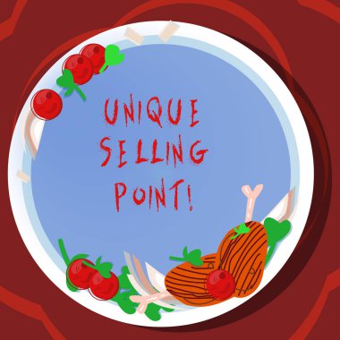 Kavramsal el benzersiz satış noktası gösterilen yazma. Plaka üzerinde diğer marka el çekilmiş kuzu pirzolası Herb baharat kiraz domates farklı kılan ürün özelliklerini vitrine iş fotoğraf.