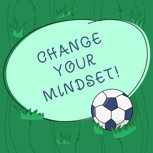 Handwriting text writing Change Your Mindset. Concept meaning fixed mental attitude or disposition demonstrating responses Soccer Ball on the Grass and Blank Outlined Round Color Shape photo.