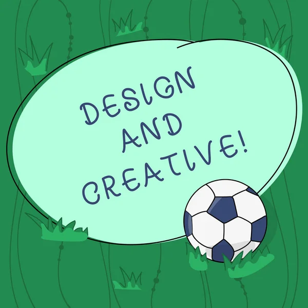 Handwriting text writing Design And Creative. Concept meaning involving use imagination or ideas create something Soccer Ball on the Grass and Blank Outlined Round Color Shape photo.