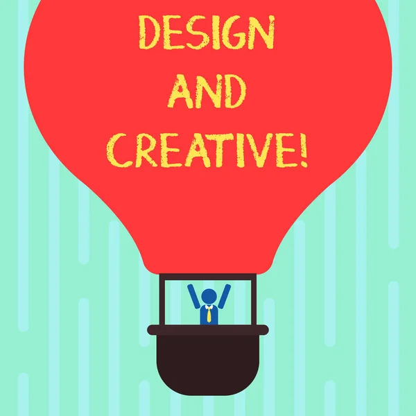 Word writing text Design And Creative. Business concept for involving use imagination or ideas create something Hu analysis Dummy Arms Raising inside Gondola Riding Blank Color Air Balloon. — Stock Photo, Image