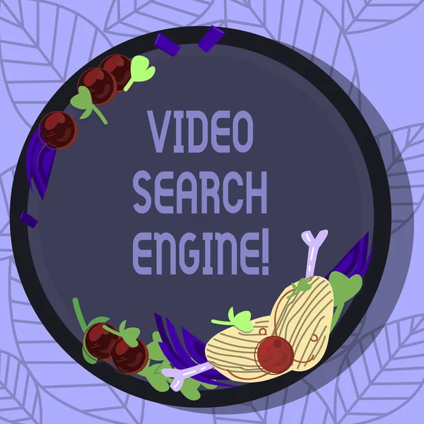 Writing note showing Video Search Engine. Business photo showcasing which crawls web deeply for media and audio content Hand Drawn Lamb Chops Herb Spice Cherry Tomatoes on Blank Color Plate.