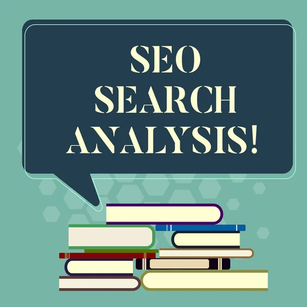 Word writing text Seo Search Analysis. Business concept for making changes website make more visible search engines Uneven Pile of Hardbound Books and Blank Rectangular Color Speech Bubble. — Stock Photo, Image