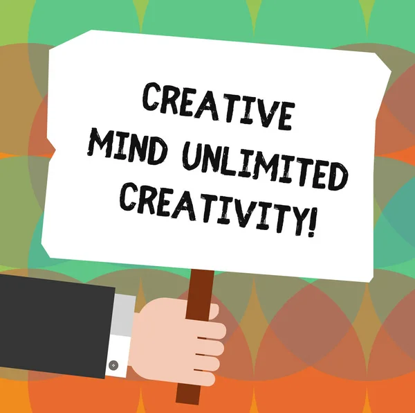 Conceptual hand writing showing Creative Mind Unlimited Creativity. Business photo showcasing Full of original ideas brilliant brain Hu analysis Holding Colored Placard with Stick Text Space.