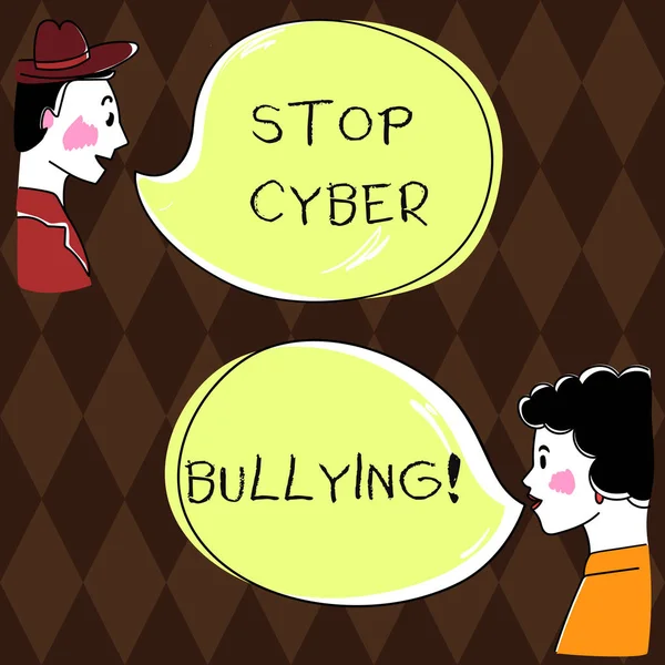 Szöveg írása a Stop internetes zaklatást szó. Üzleti koncepció megakadályozása használ elektronikus kommunikációs Bully kézzel rajzolt ember és jaj elemzés beszélő fénykép-val üres színes beszéd buborék. — Stock Fotó