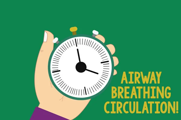 텍스트 기호 기도 호흡 순환을 보여주는입니다. 개념 사진 손을 들고 기계 중지 시계 타이머 시작 중지 버튼으로 심폐 소생술 후 분석을 수행 하는 구조에 대 한 메모리 지원. — 스톡 사진