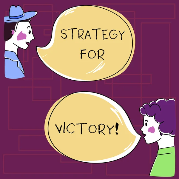 Szöveg jel mutatja a stratégia a győzelem. Fogalmi fénykép részletes terv sikerével a helyzet kézzel rajzolt ember és jaj elemzés beszélő fénykép-val üres színes beszéd buborék. — Stock Fotó