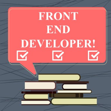Kavramsal el Front End Geliştirici gösterilen yazma. İş fotoğraf metin bilgisayar programcısı kodları ve görsel öğeler düzensiz kazık Hardbound kitap ve dikdörtgen konuşma balonu oluşturur.