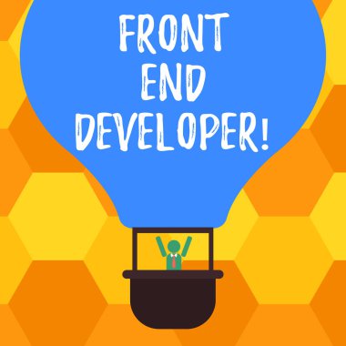 El yazısı metin Front End Geliştirici. Kavram anlam bilgisayar programcısı kodları ve görsel öğeler Hu analiz kukla silah yükselterek gondol sürme boş renk hava balonu içinde oluşturur.