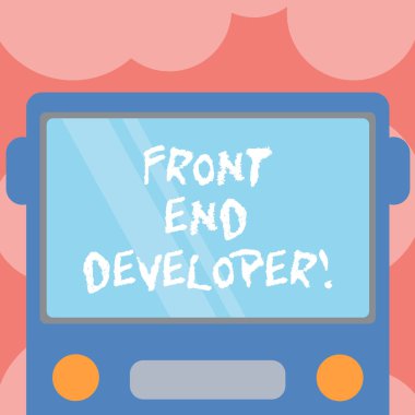 Front End Geliştirici gösterilen Not yazma. Bilgisayar programcısı vitrine iş fotoğraf kodları ve görsel öğeler oluşturur çizilmiş düz ön görünümü, otobüs boş renk pencere kalkan yansıtan ile.