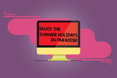 Word metin yazma Enjoy yaz tatil cenneti. İş kavramı gitmek güzel tatil yerleri için sezon monte bilgisayar monitörü boş yansıyan ekran arka plan.
