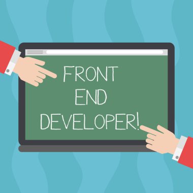 Kavramsal el Front End Geliştirici gösterilen yazma. İş fotoğraf metin bilgisayar programcısı kodları ve görsel öğeler Hu analiz el işaret eden boş bir renk Tablet ekranda oluşturur..