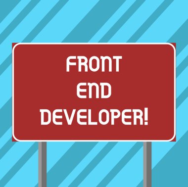 Front End Geliştirici gösterilen metin işareti. Kavramsal fotoğraf bilgisayar programcısı kodları ve görsel öğeler boş dikdörtgen açık renk tabelasını fotoğraf iki bacak ve anahat oluşturur.