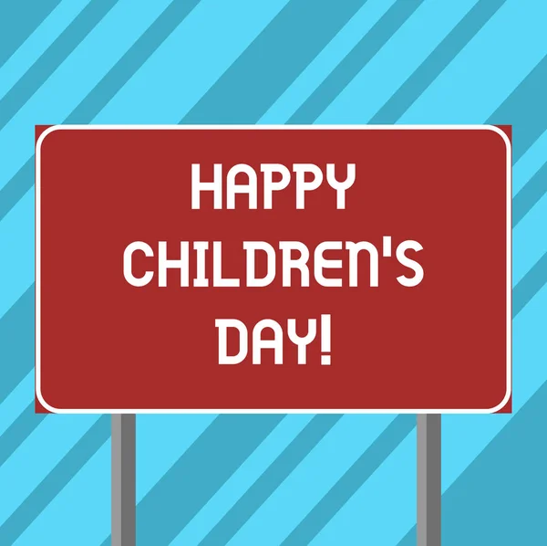 Tekst bord Happy Children S Day tonen. Conceptuele foto vaste datum gemaakt ter gelegenheid van de kinderen en plezier lege rechthoekige Outdoor kleur wegwijzer foto met twee been en overzicht. — Stockfoto