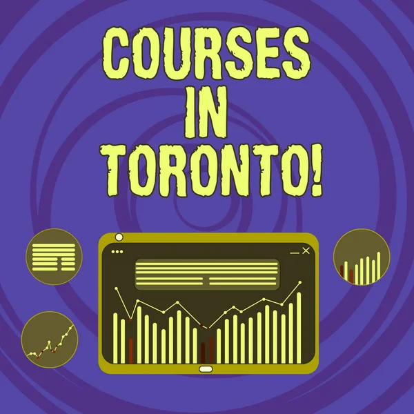 Szöveg jel mutatja a tanfolyamok a Toronto. Irányba fogalmi fénykép vagy útvonalaknak közeli vagy távoli helyeken Canda digitális kombináció a vonal adatok grafikus oszlopdiagram a Tablet PC képernyőjén. — Stock Fotó