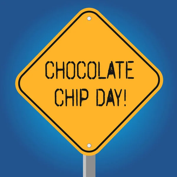 Texte manuscrit Chocolate Chip Day. Concept signifiant date pour profiter de savoureux morceaux de choco dans vos cookies Blank Diamond Forme Couleur signalisation routière avec une seule jambe Stand photo . — Photo